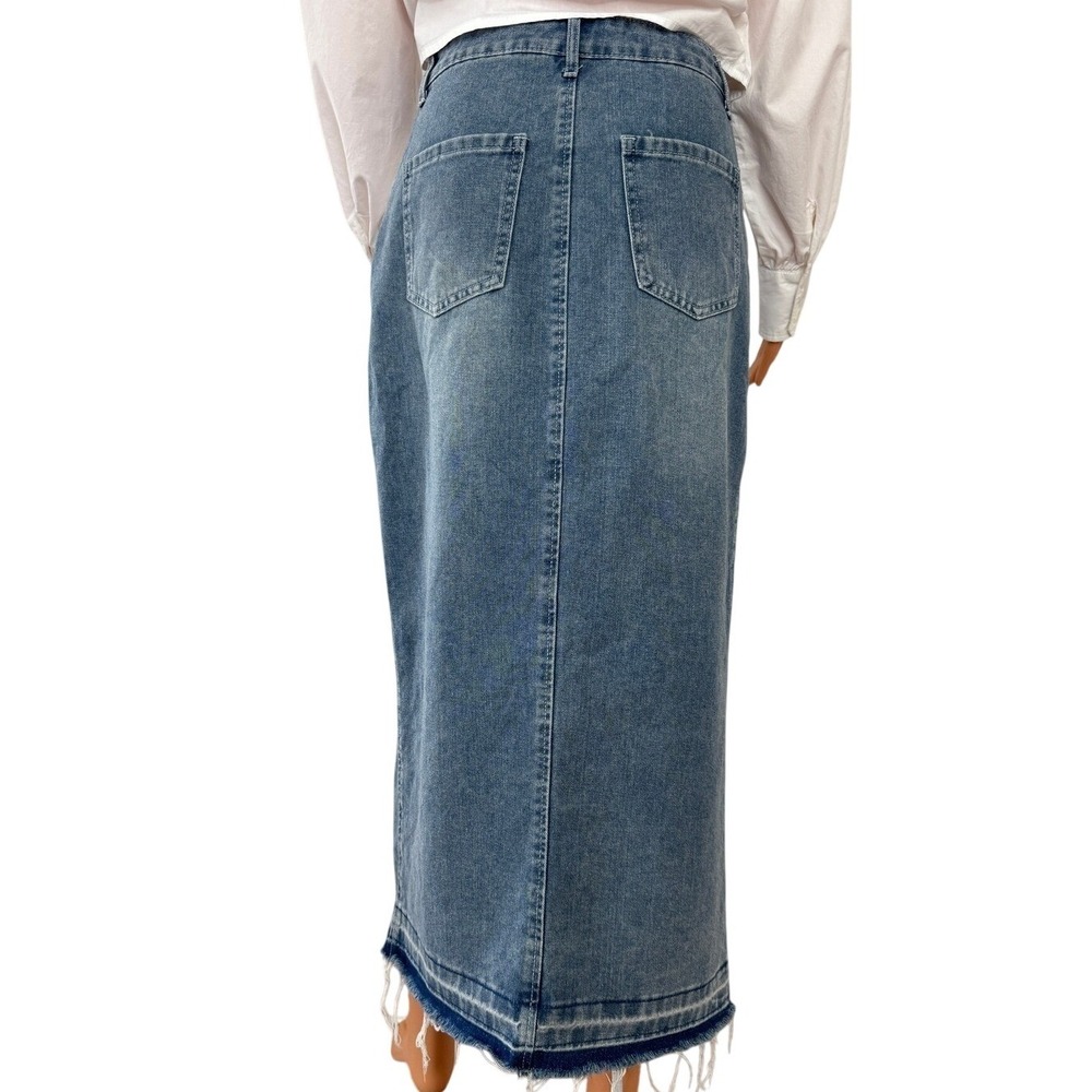 HappilyGrey High RiseDenim Maxi Skirt Medium Wash Front Slit Frayed HemSize 1/24 - Picture 3 of 15